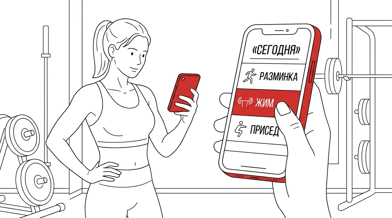 Тренирующийся смотрит план тренировки в приложении на телефоне